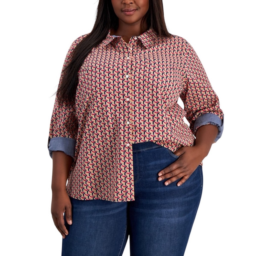 Tommy Hilfiger Plus Size Cotton Printed Roll-Tab Shirt Size 3X